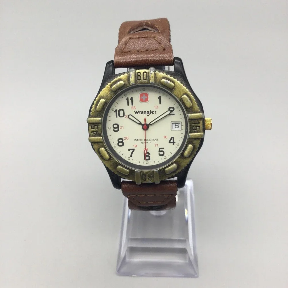 Wrangler Mens Watch 39mm White Dial Brown Leather Band Date New Battery